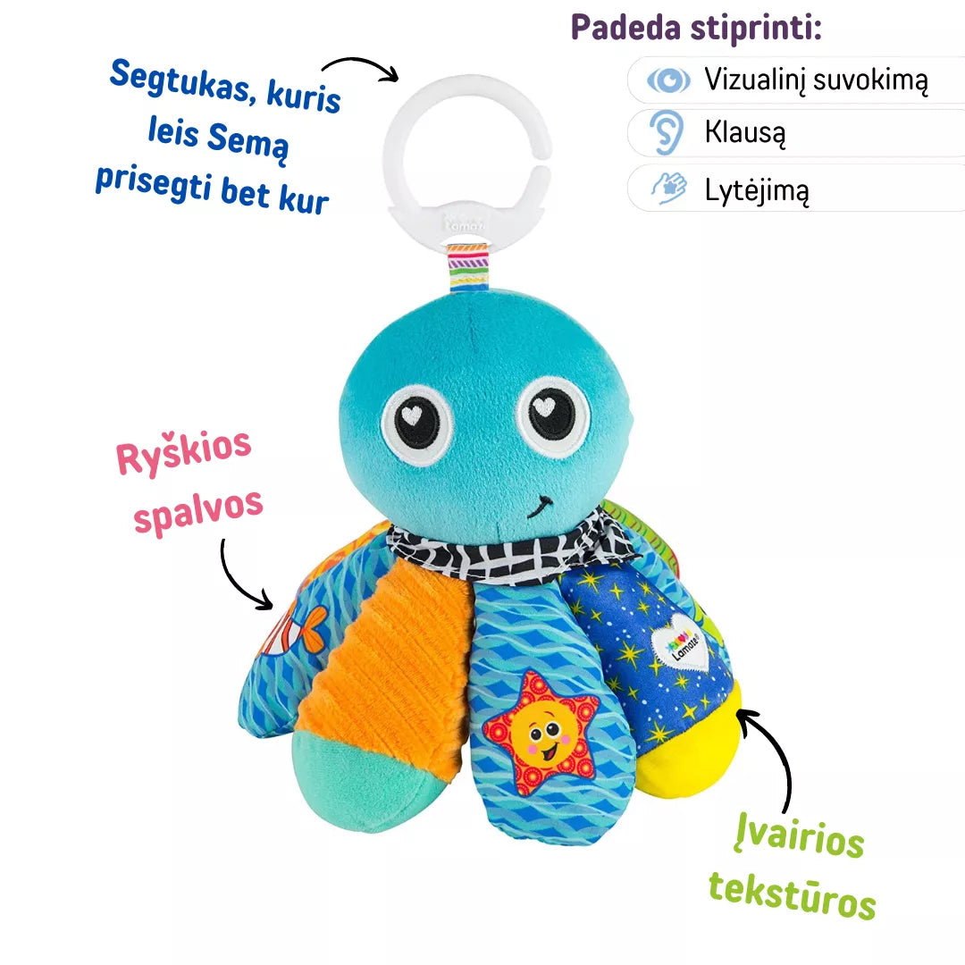 Pakabinamas kelioninis kūdikio žaislas „Aštuonkojis Semas“
